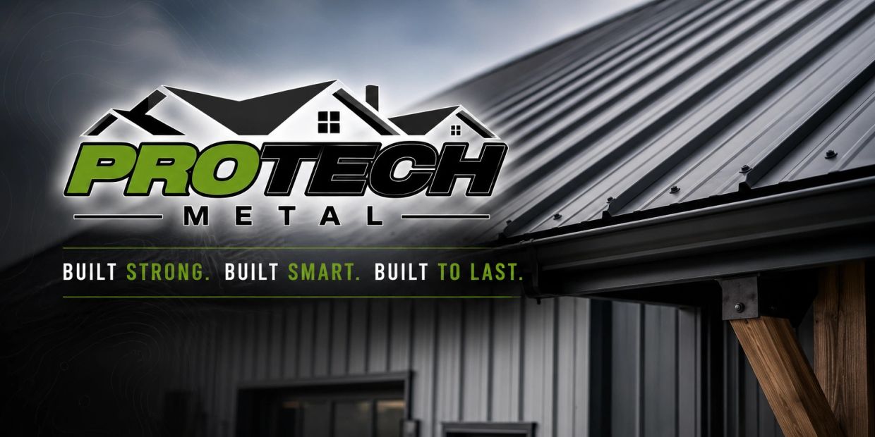 ProTech Metal logo with a strong metal roof background and slogan.