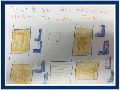 Thank you from former student. Drawing of students in classroom.