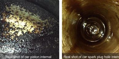 Image of a car piston and car spark plug hole internal video inspection