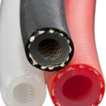 Close-up of three colored flexible hoses with visible inner textures.