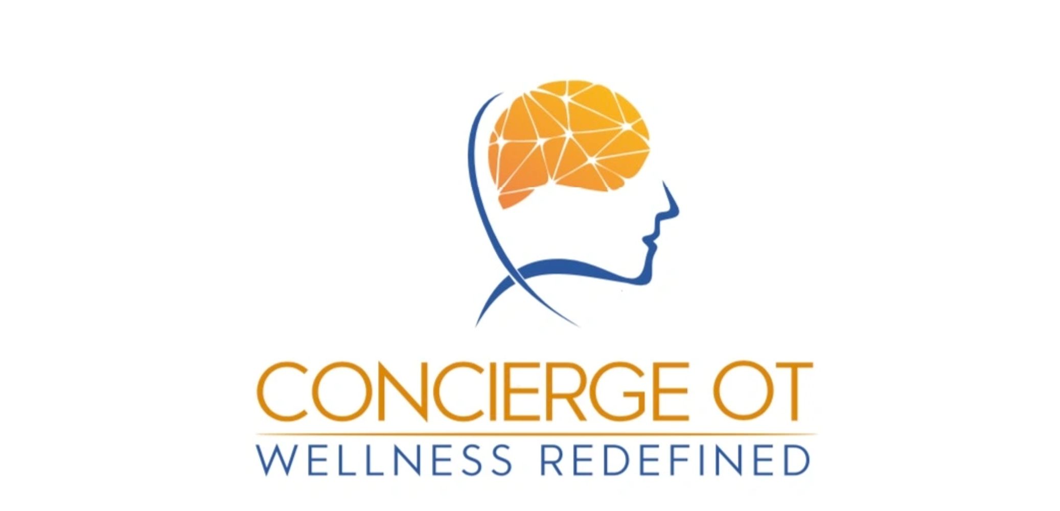 Logo has a white background with a blue outline of a face. Concierge OT wellness redefined