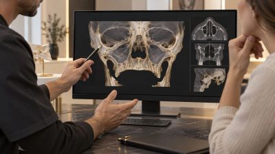 Doctor explaining facial bone X-ray to patient.