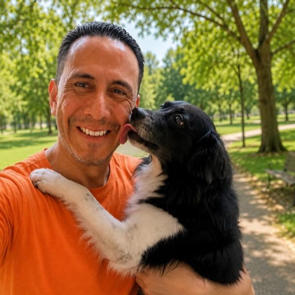Man in orange shirt holding a black and white dog licking his face in a park.