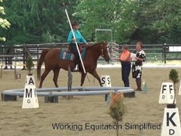 Child riding a horse through an equitation course with markers.