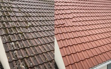 Before and after cleaning of a tiled roof showing moss and dirt removal.