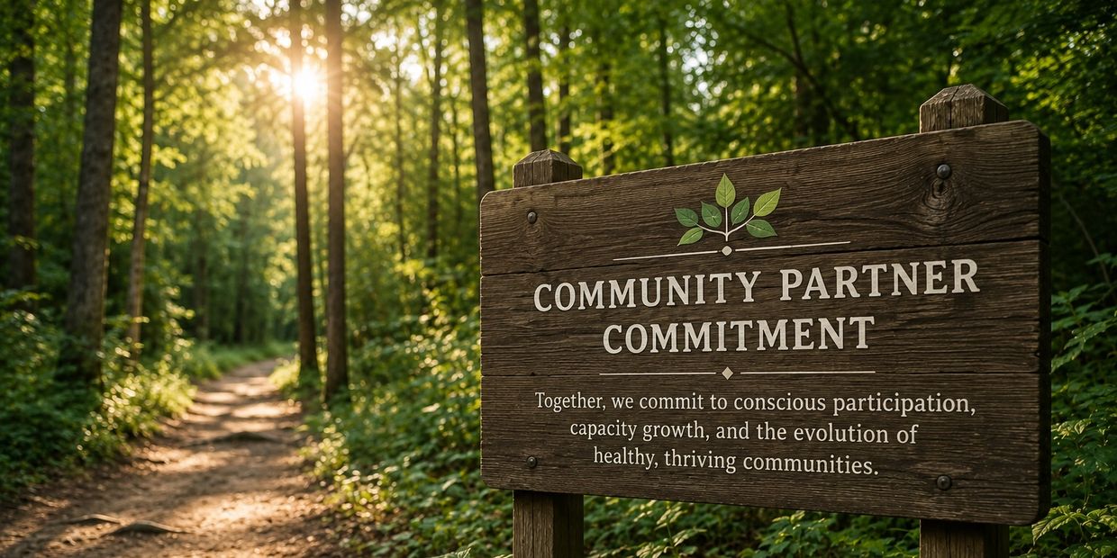 Wooden trail sign beside a sunlit forest path surrounded by lush green trees.