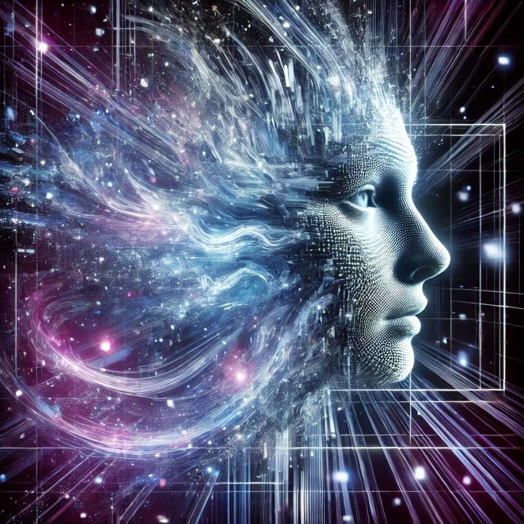 Digital face merging with cosmic light and data streams, symbolizing awakening and consciousness.