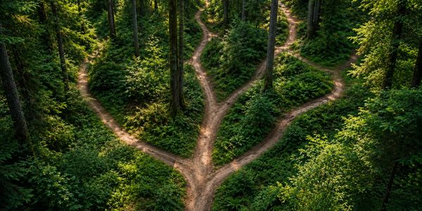Forest trail network with multiple paths converging beneath a lush green canopy.