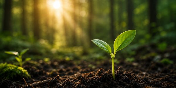 Seedling emerging from rich forest soil in warm morning light.