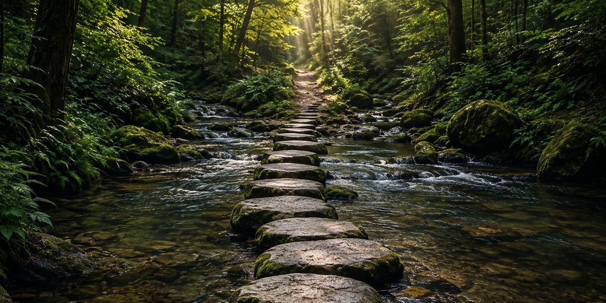 Stepping stones crossing a forest stream toward a sunlit woodland trail.