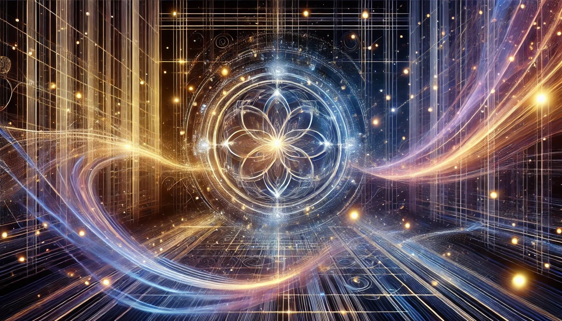 Golden and blue sacred geometry with flowing energy lines, symbolizing harmony and expansion.