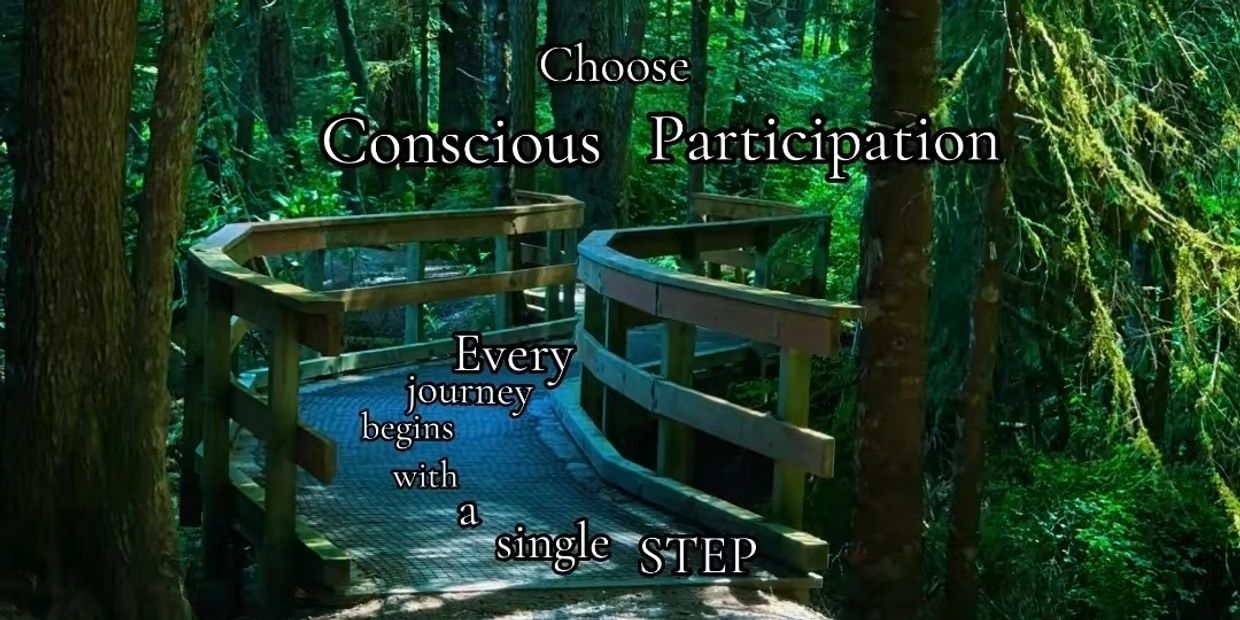 Wooden bridge leading into a lush forest with an inspirational message about participation.