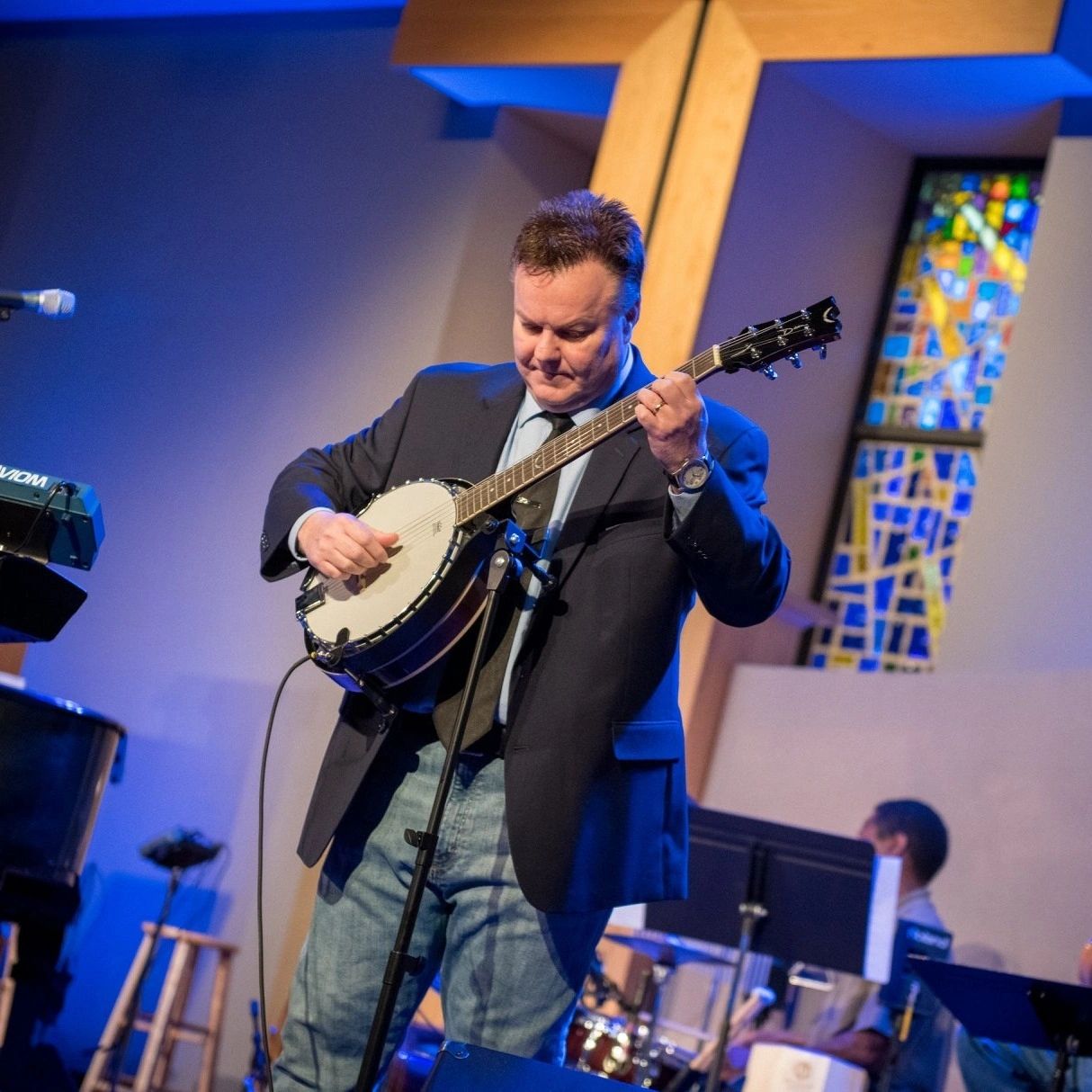 David Zeltner and his banjo at StoneBridge Church Community Charlotte NC