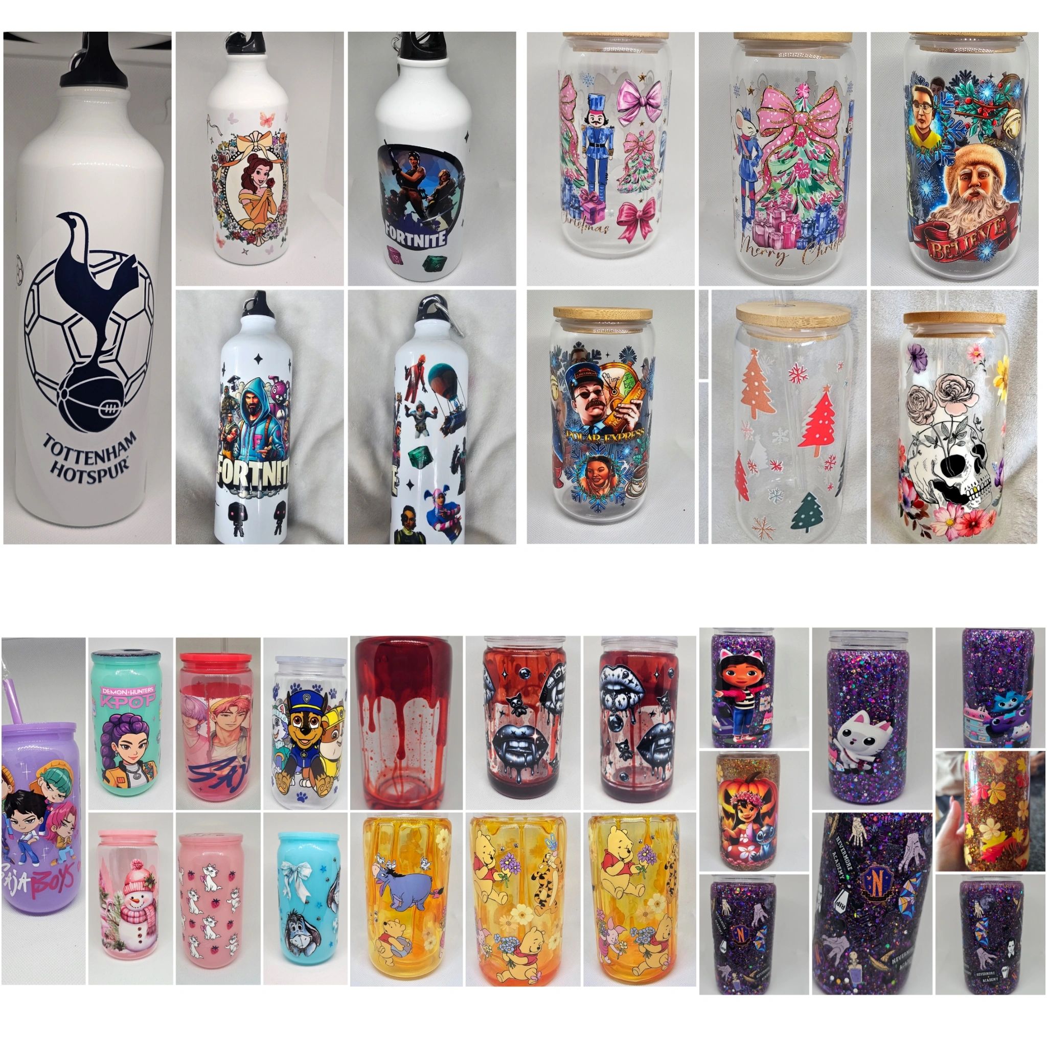 A diverse collection of decorated bottles and jars featuring sports, gaming, holiday, cartoon, and artistic designs.