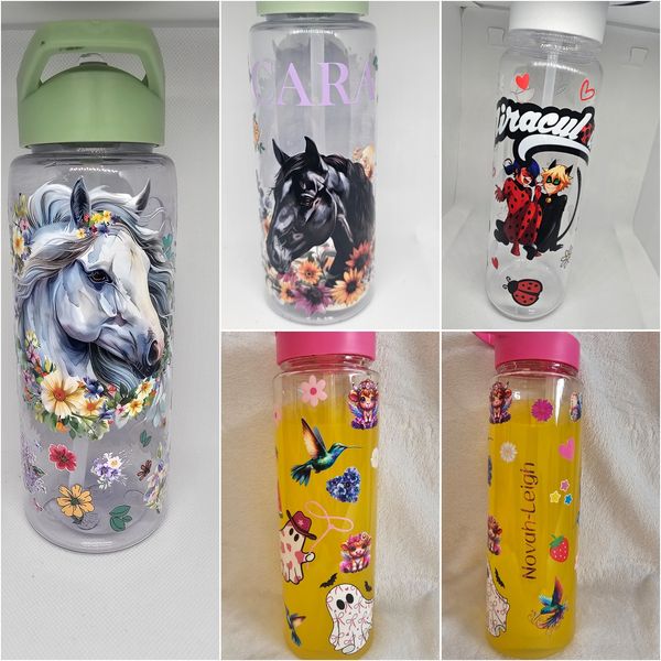Five decorated water bottles featuring horses, cartoon characters, and personalized stickers.