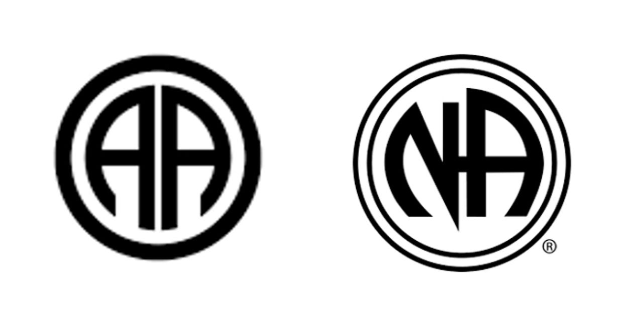 Two black-and-white circular logos with stylized letters inside.