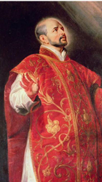 Portrait of a man in ornate red religious robes with a halo effect.
