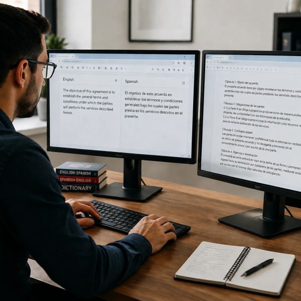 Persona traduciendo texto en inglés y español en dos monitores.