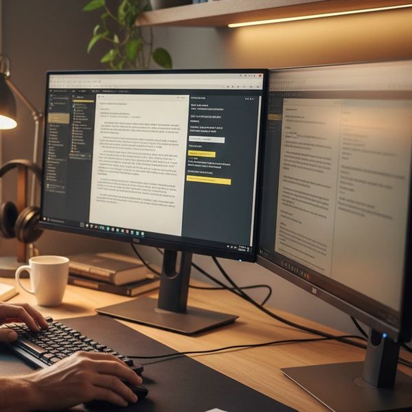 Persona trabajando con dos monitores en un escritorio ordenado.