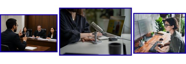 Tres imágenes: entrevista legal, podcast, y trabajo en computadora.