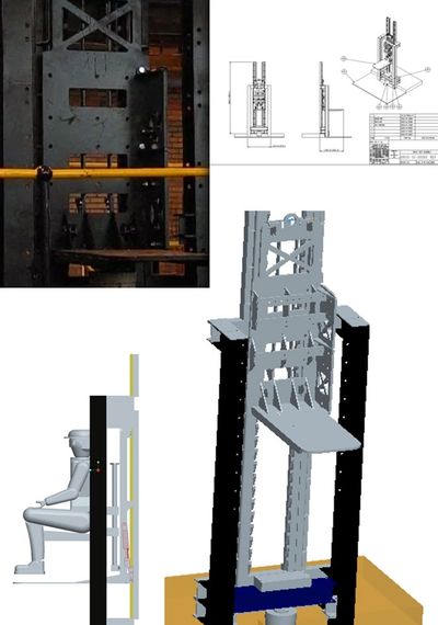 Collage of engineering design and testing of a mechanical lifting device with a seated figure model.