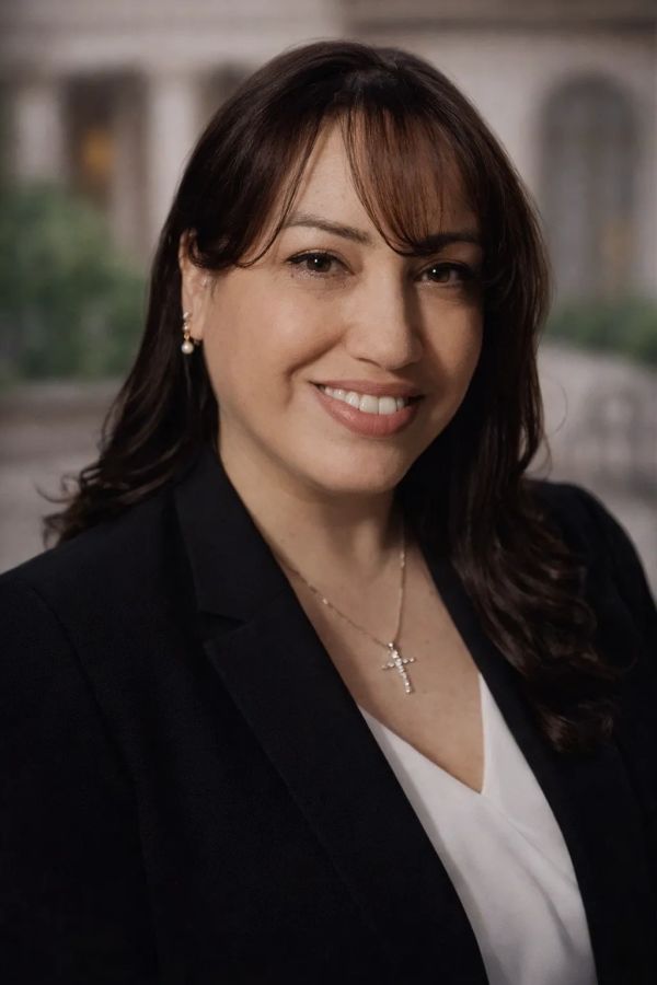 Smiling woman with dark hair wearing a cross necklace and earrings.
