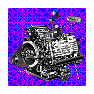 A vintage printing press with propaganda and news headlines on a vibrant purple background.