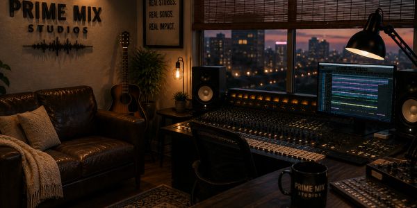Cozy music studio with a mixing console and city view.