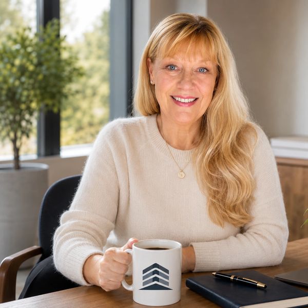 Smiling woman holding coffee mug at desk.