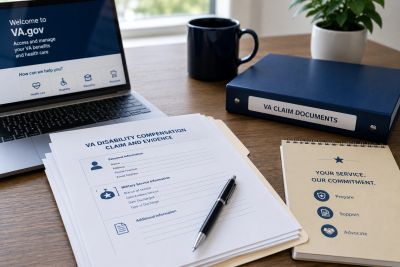 VA disability claim form with related documents and personal items on a desk.