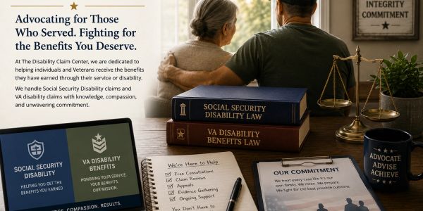 VA disability and Social Security books with related documents and personal items on a desk.
