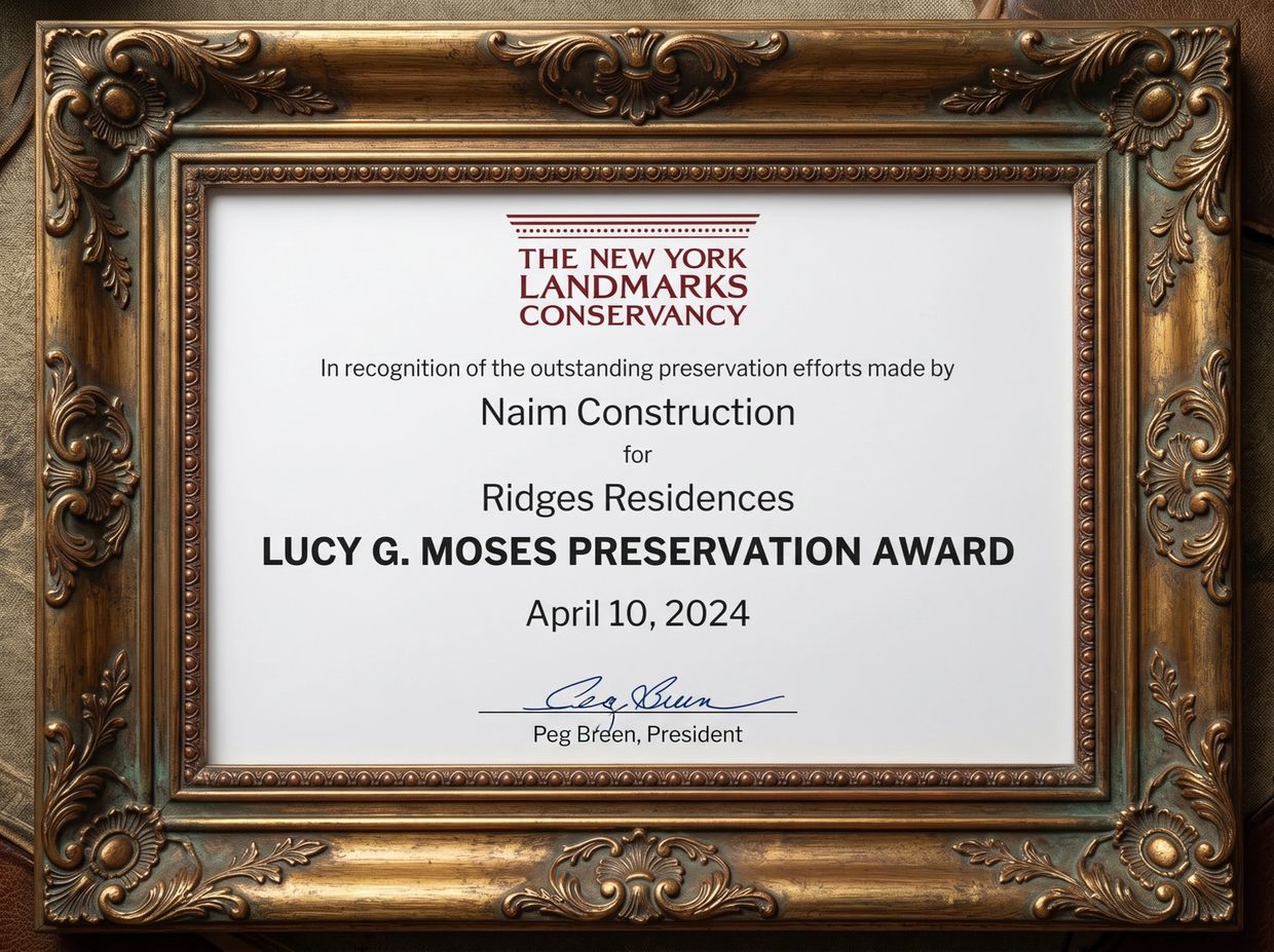 Award certificate from New York Landmarks Conservancy for preservation efforts.