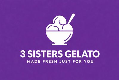 Logo of 3 Sisters Gelato with an ice cream bowl on purple background.