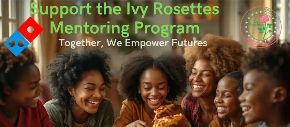 A group of happy young women sharing pizza, promoting Ivy Rosettes mentoring program.