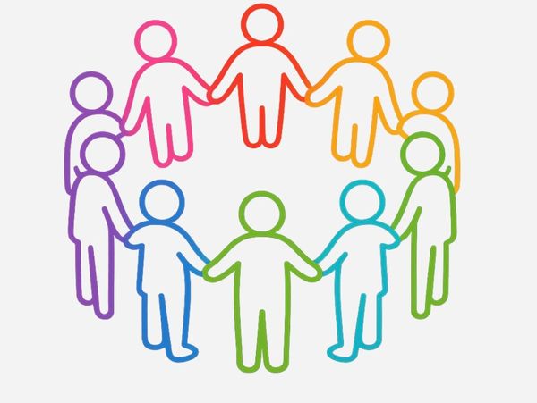 Colorful stick figures holding hands in a circle symbolizing unity.