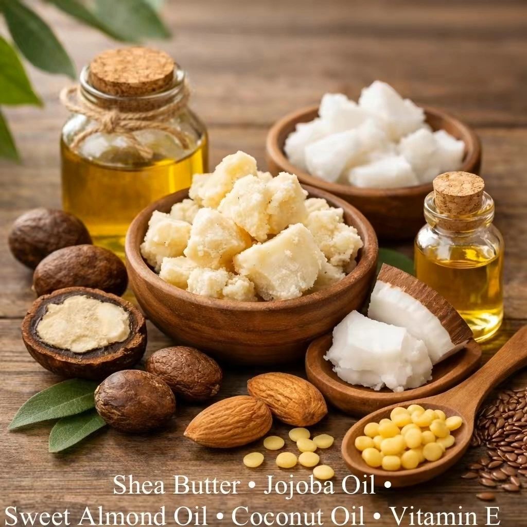Natural oils and butters like shea butter, jojoba oil, almond oil, coconut oil, and vitamin E.