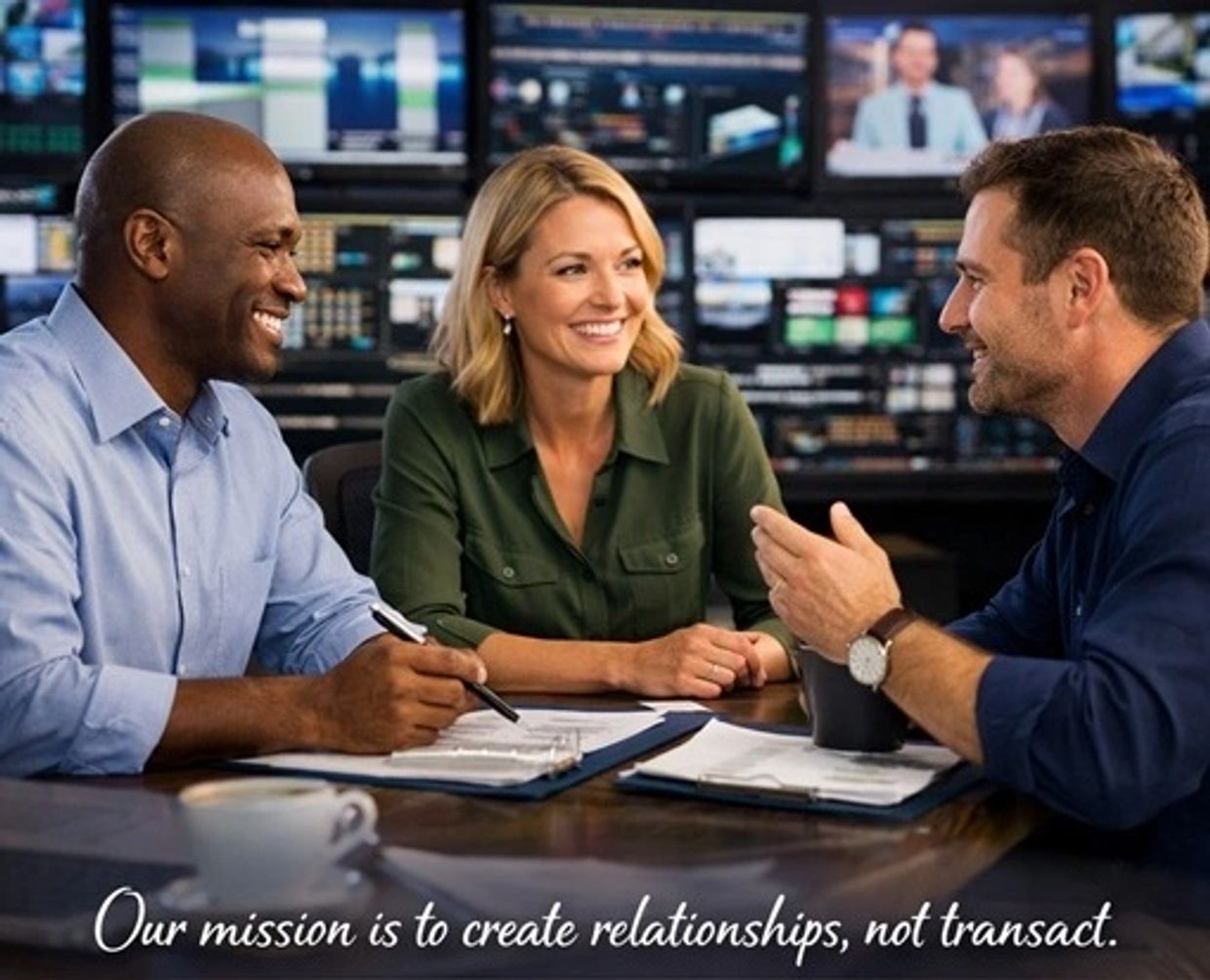 Three professionals happily discussing at a meeting table with the quote about relationships.