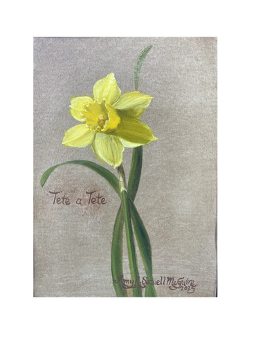 A delicate yellow daffodil with green stems on a neutral background.