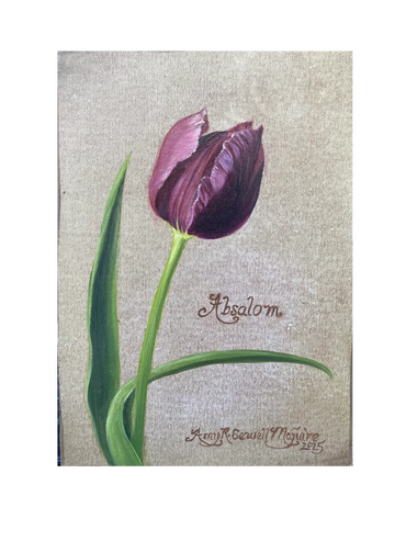 A detailed painting of a purple tulip with green leaves on a beige background.