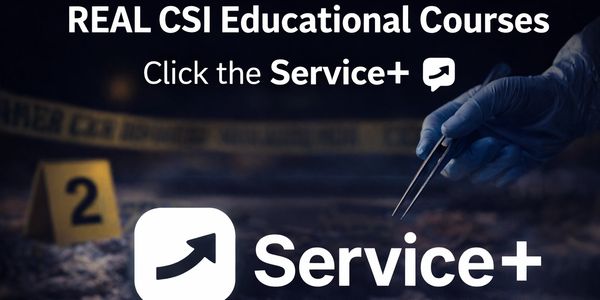 REAL CSI courses promoted with crime scene background and gloved hand.