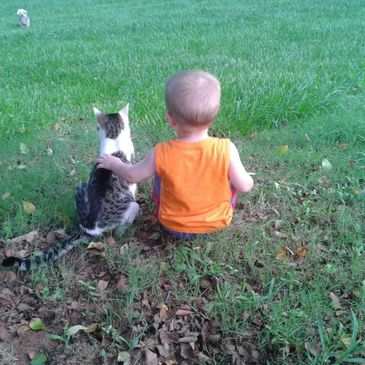 A toddler in an orange shirt sits with a cat on grass, sharing a peaceful moment.