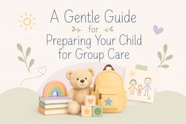 Guide for preparing children for group care with toys and drawings.