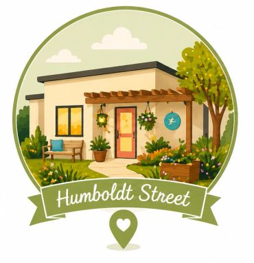 Illustration of a cozy house with garden on Humboldt Street.