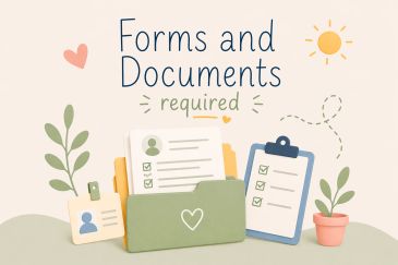 Illustration of documents, forms, and checklist with the text 'Forms and Documents required'