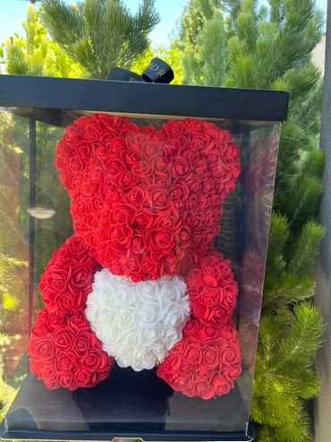 Rose bear in gift box. Gift Valentine’s Day birthday gift