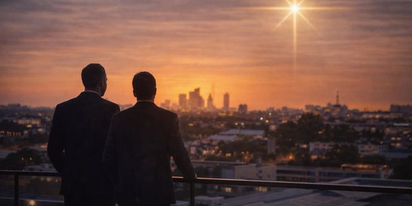 Dos hombres observando la ciudad al atardecer.