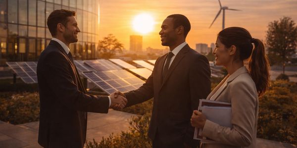 Personas de negocios saludándose frente a paneles solares al atardecer.