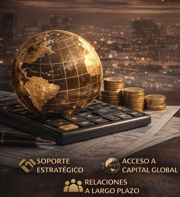 Globo dorado con monedas y calculadora simbolizando finanzas globales.