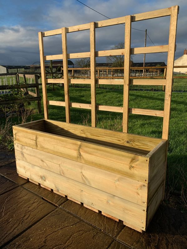 TRIPLE LEVEL TREATED PLANTER + TRELLIS. Large planter perfect for large flowers, veg, & roses