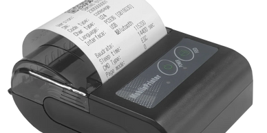 Compact portable receipt printer with paper roll and control buttons.
